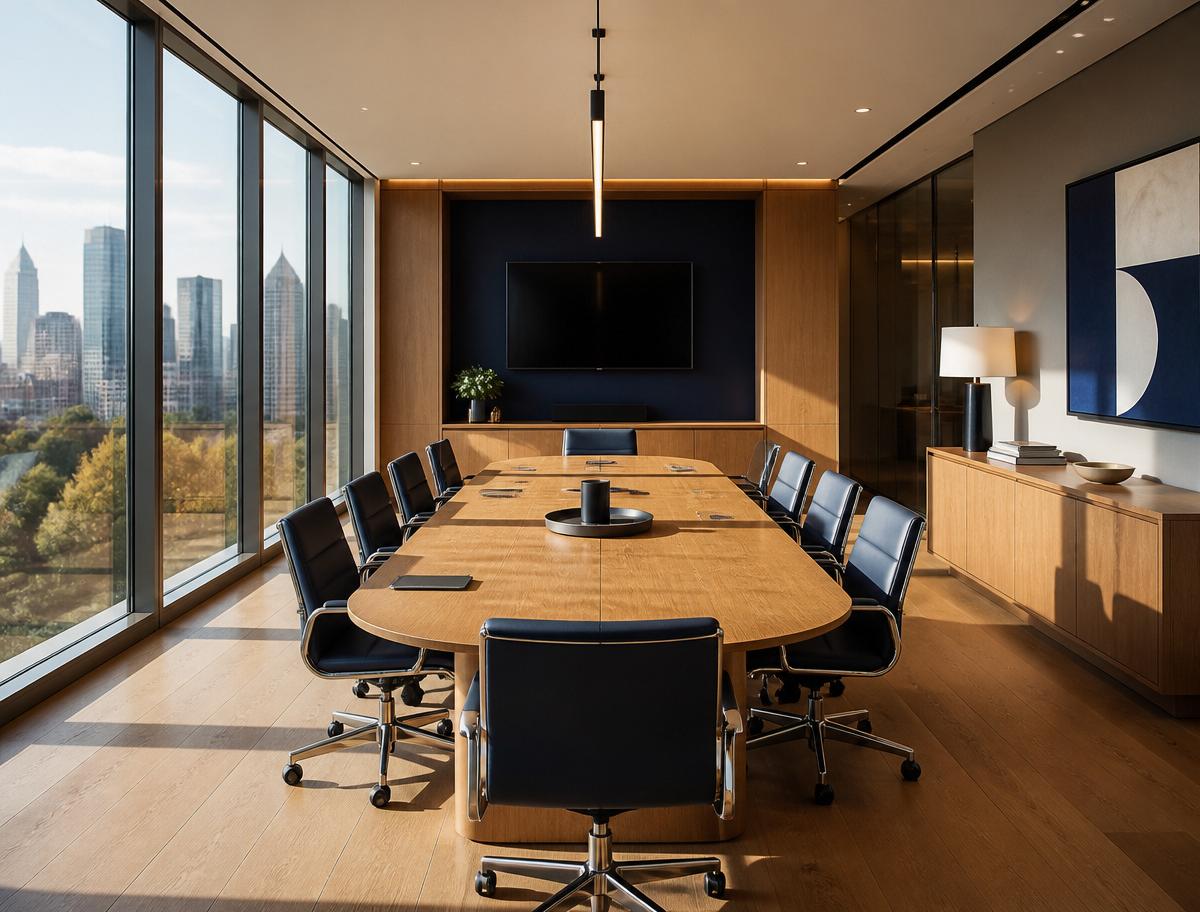 Sunlit modern boardroom with oak table and city view